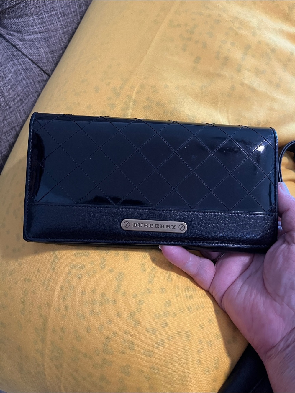 Burberry Black Quilted Patent Leather Clutch Wallet with Logo Plaque